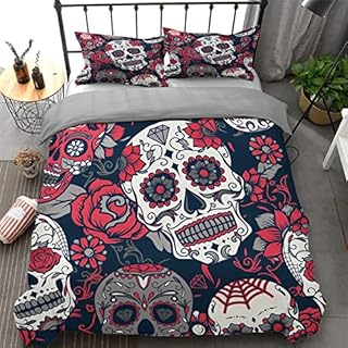 Sugar Skull Bedding Duvet Cover Red Sunflower and Skull Printed Bedding Quilt Cover for Halloween Gothic Skeleton Skull Floral Bedding Set with 2 Pillowcases King Size 230X220cm
