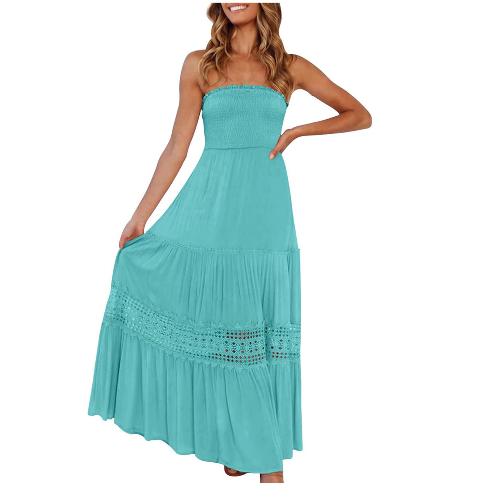 Summer Dresses for Women 2025 Strapless Maxi Dress Smocked Lace Trim Beach Dress Boho Long Dress Trendy Cruisewear