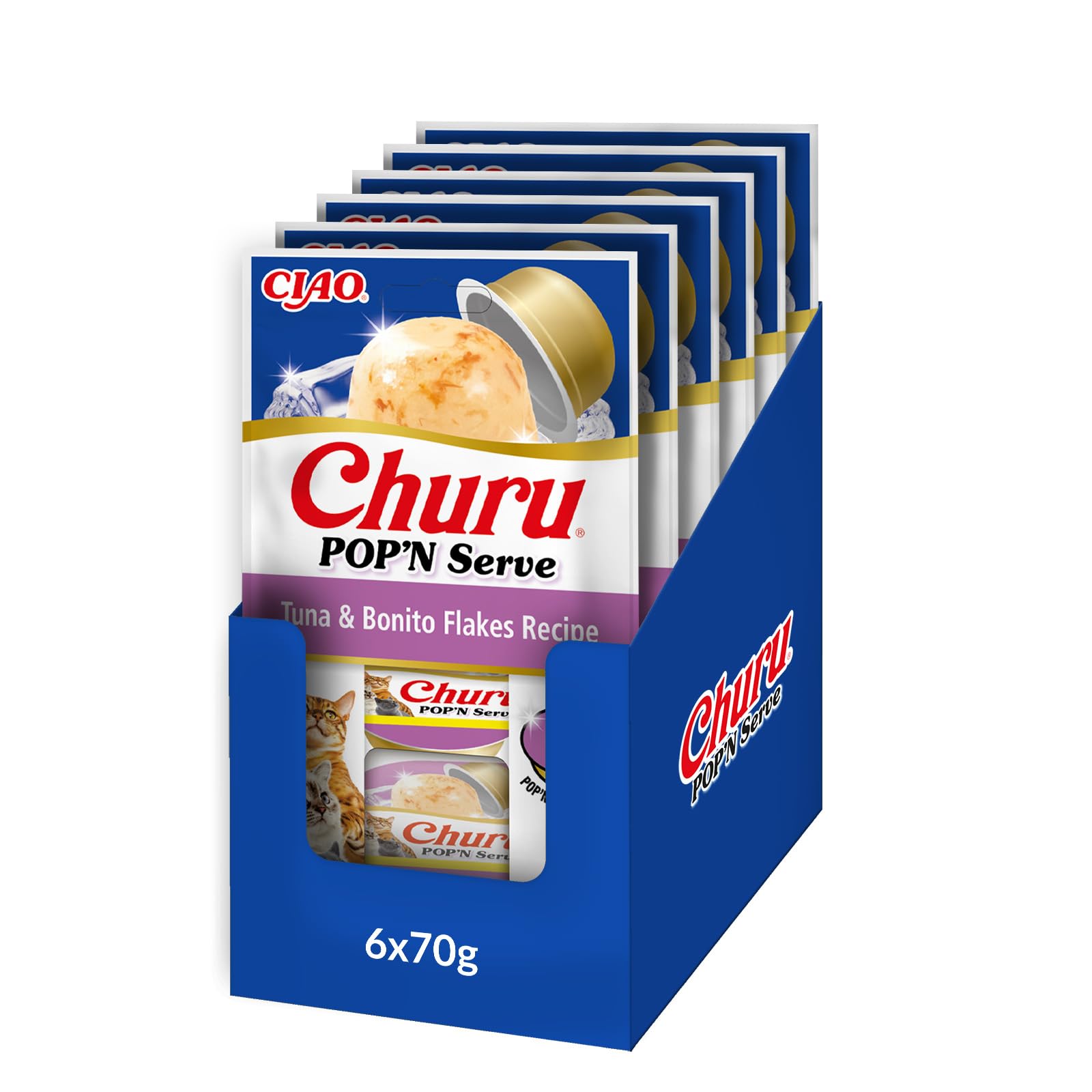 INABA Churu Pop'N Serve, Wet Cat Treats, Tuna Bonito Flakes, 12 Cups x 35g