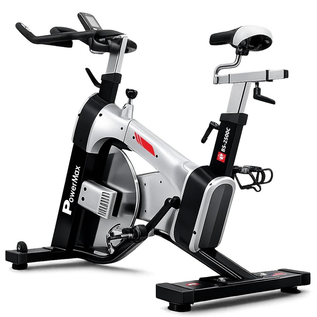 PowerMax Fitness BS-2500C Heavy Commercial Exercise Spin Bike with 24KG Flywheel, Step Less Resistance and Heart Rate Sensors for Gym Workout-image-5