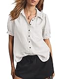 Womens Puff Short Sleeve Button Down Shirts Summer Casual Collared V Neck Blouse Linen Loose Fit Work Tops