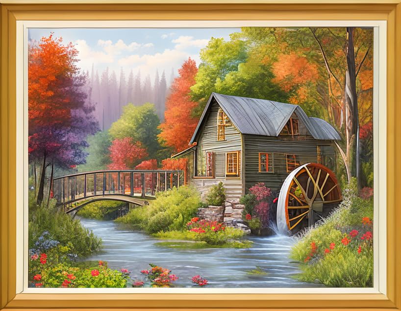 Image of Joyhoor Cross Stitch Kits for Beginners, Stamped Cross-Stitch Supplies, Needlework Preprint Embroidery Kits, Adults DIY Needlepoint Kits, Embroidery Patterns 11CT-Beautiful Creek 16x20 inch