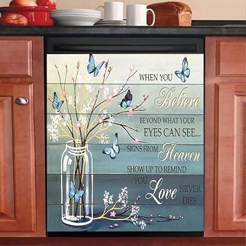 Floral Butterfly Dishwasher Magnet Cover -When You Believe Beyond What Your Eyes Can See Decals Magnetic Decoration,Flower Vase Dishwasher Magnets Decal for Home Kitchen Appliance Decor 23"x17"