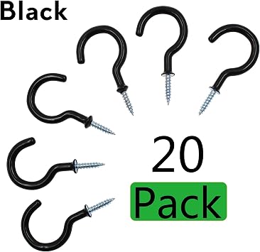 1-1/2 Inch Cup Hooks Ceiling Hooks, Black, 20Pcs | Plastic-Covered Metal, Screw-in Hooks