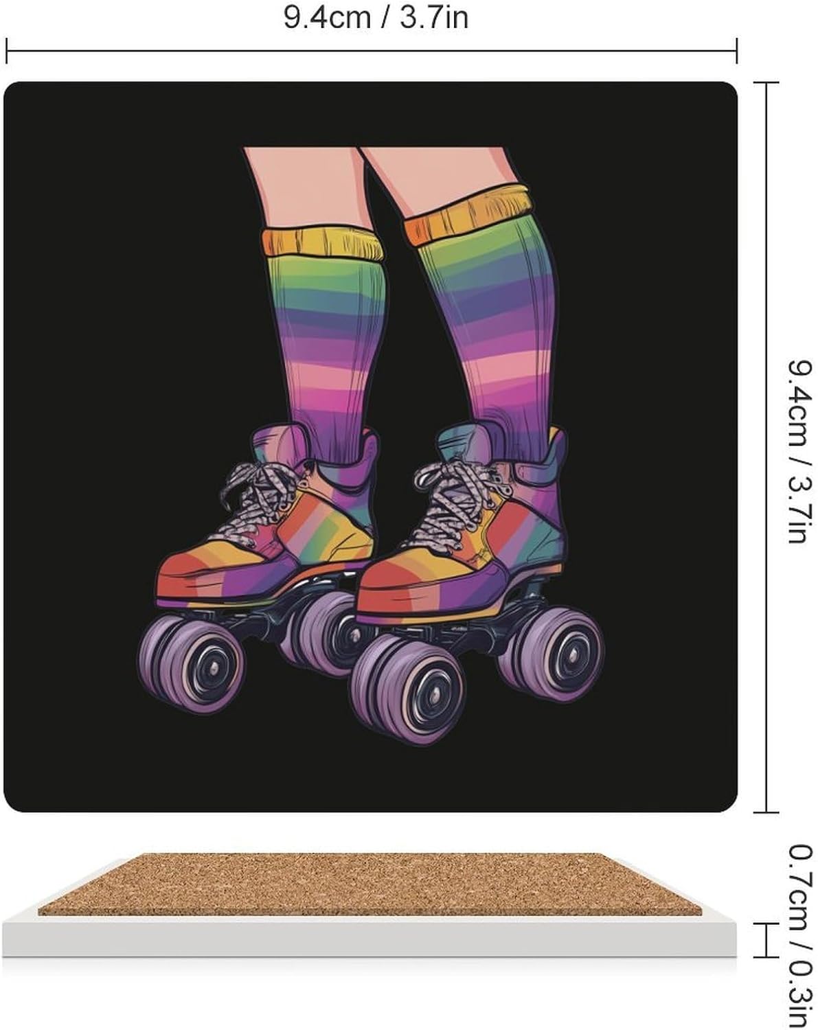 Funny Rollerskates Coasters for Drinks Square Table Coasters Set Cup Mats with Cork Base
