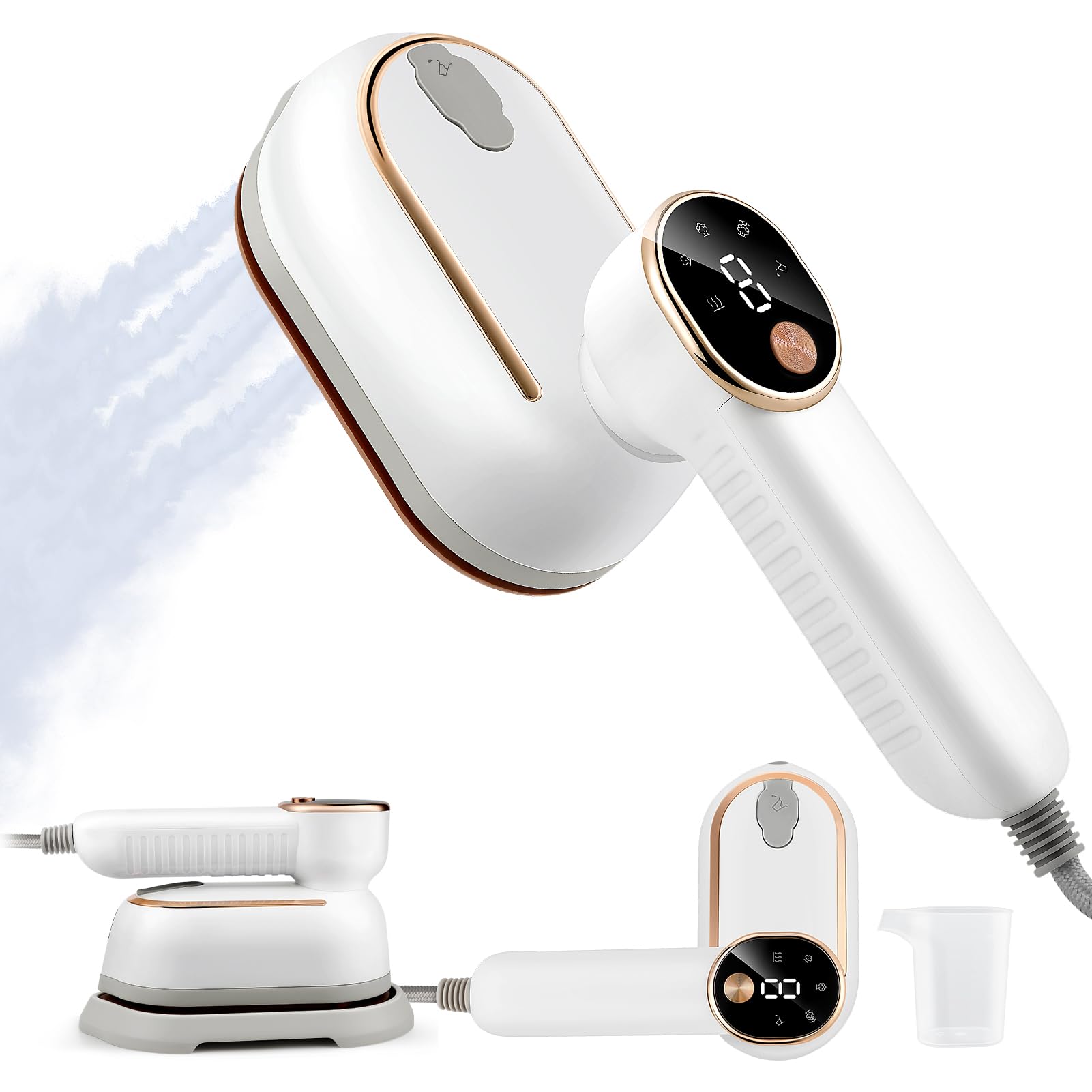 Steam Iron Travel Steamer - Travel Iron for Clothes with LCD Screen, Portable Handheld Clothes Steamer with 180° Rotatable Handle, 3 Steam Levels,10S Fast Heat-up for Travel, Home, Office (White)