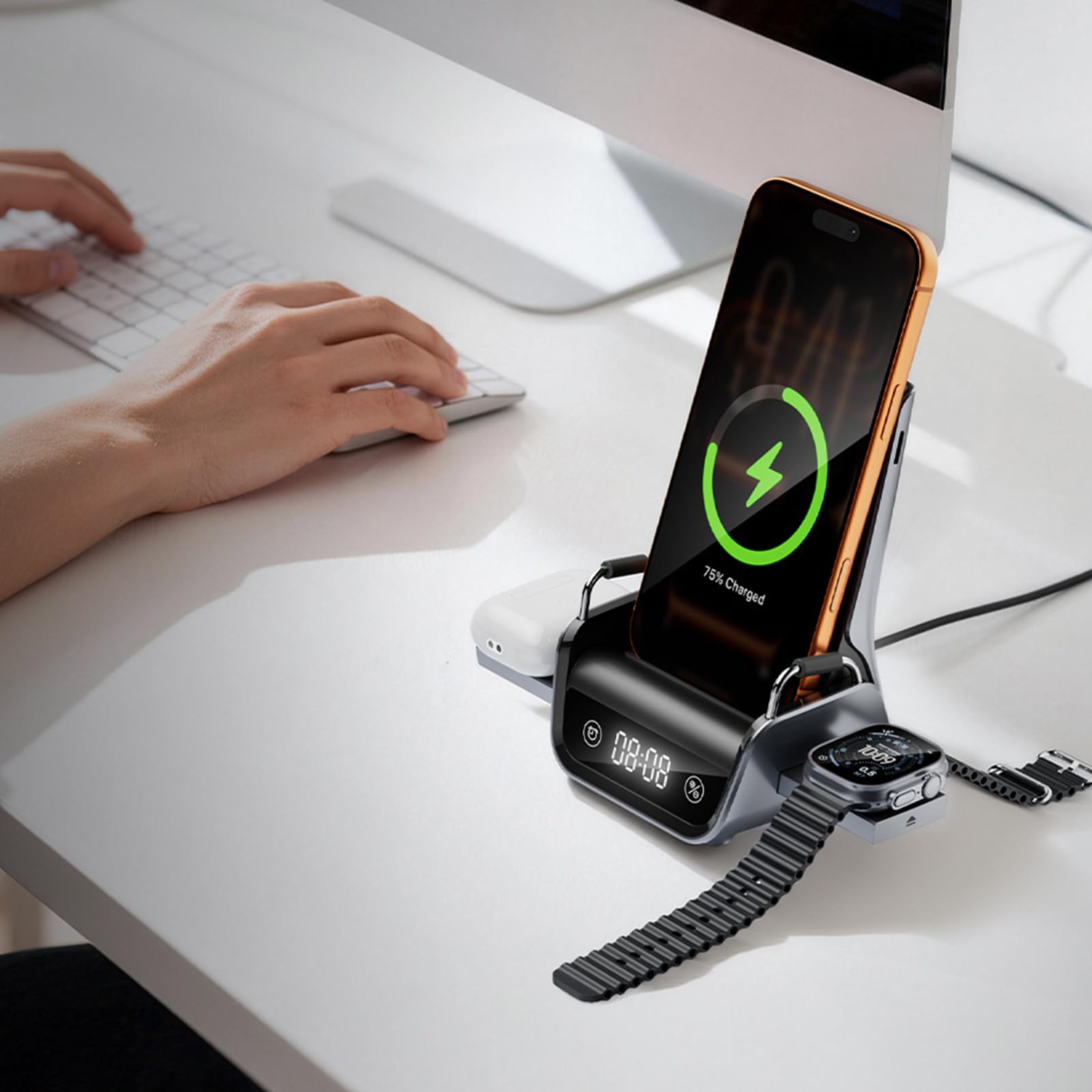 Supporto Ricarica induttivo per Telefono, Auricolari e Smartwatch, Stazione Alimentazione da Tavolo da 15 W con Orologio Digitale e Supporto per la Visualizzazione Orizzontale Dock Ricarica
