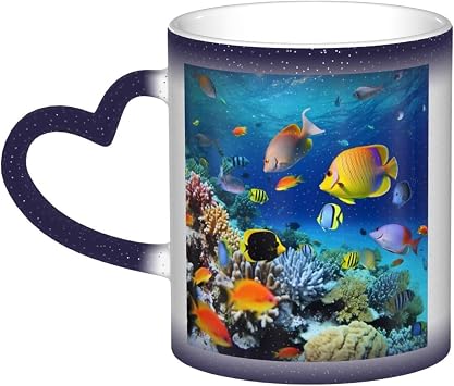 13 Oz Color Changing Mug Heat Sensitive Night Sky Water Cup Novelty Coffee Mug Underwater Fish Porcelain Mugs Unique Magic Coffee Tea Cup Gift for Women Men Blue