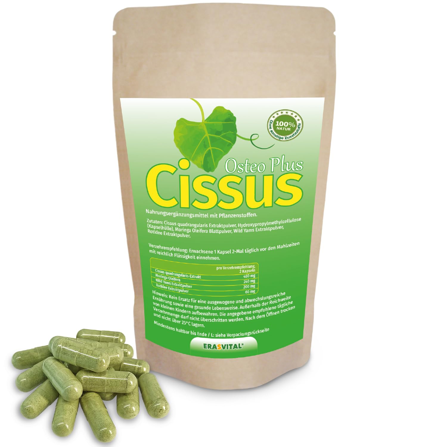 Cissus Quadrangularis Extrakt 60 Kapseln hochdosiert mit wichtigen Begleitern wie Moringa Oleifera, Wild Yams Extrakt und Rotklee Extrakt, die Knochenkraft unterstützen.