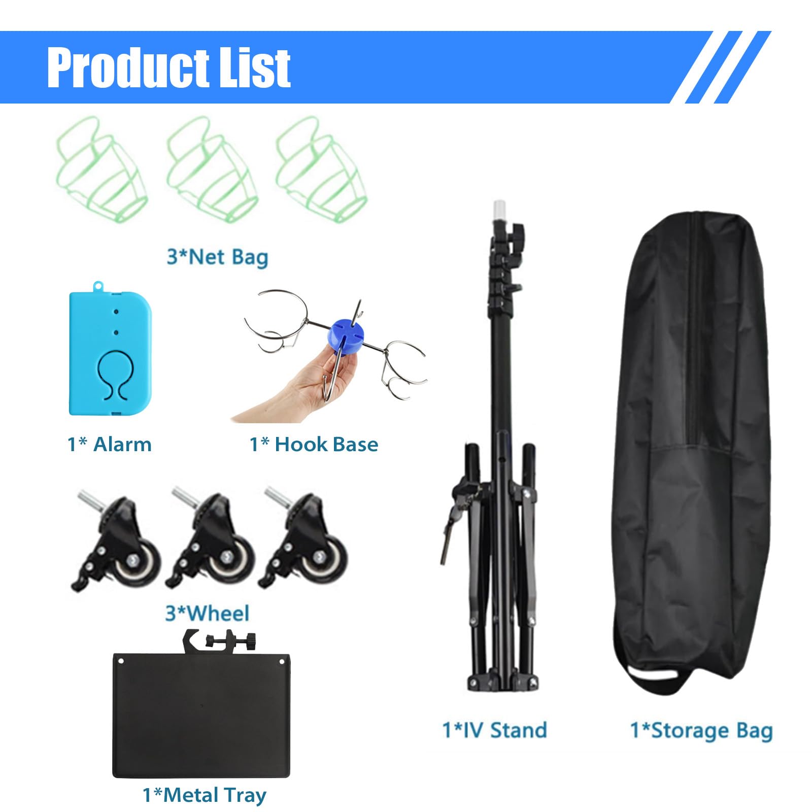 Support à perfusion à 3 roues Rolling IV avec alarme, support pliable pour perfusion avec 3 poches en filet et plateau en métal, hauteur réglable de 90 à 190 cm, porte-sachets de perfusion pour