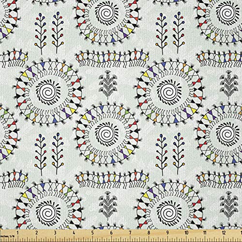 Image of Ambesonne African Fabric by The Yard, Old Art with Circular Dance Folk Image, Stretch Knit Fabric for Clothing Sewing and Arts Crafts, 2 Yards, Black Grey