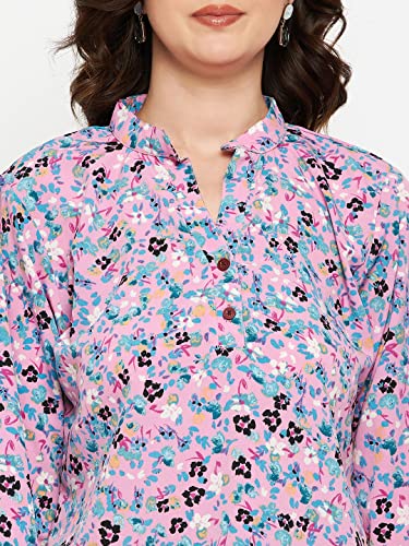 Image of Fashfun Women's Shirt (Floral Pink Crepe Top with Mandarin Collar & Full Sleeve)