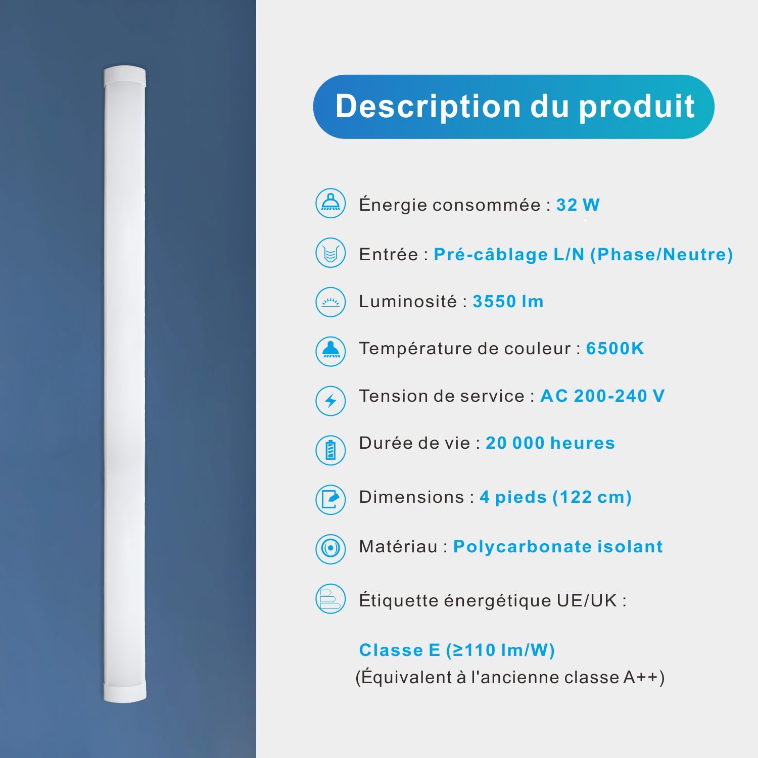BrightFly Lot de 2 Neon Led 120cm, Réglette LED 32W 3650LM Blanc Froid 6500K, Néon IP40 pour Garage, Atelier et Cuisine, Tube Lumineux Puissant Sans Scintillement, Éclairage Plafonnier Durable