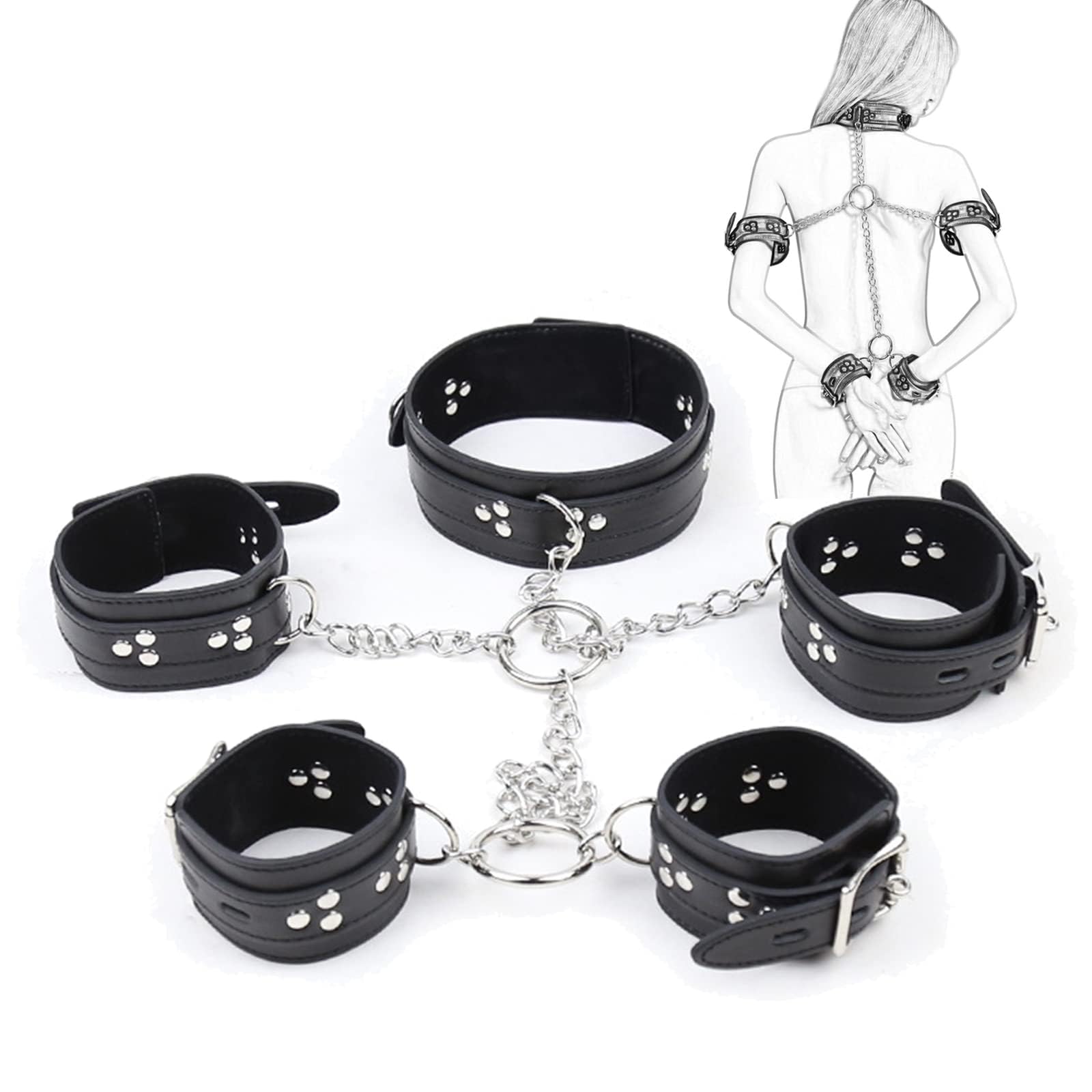 BDSM Handschellen Handfesseln mit Halsband Bondage Fesseln Set Leder Handcuffs Armfesseln Erotik Kragen Ketten SM Sklave Fetisch Sex-Spielzeug für Paare Frauen MäNner Anfänger