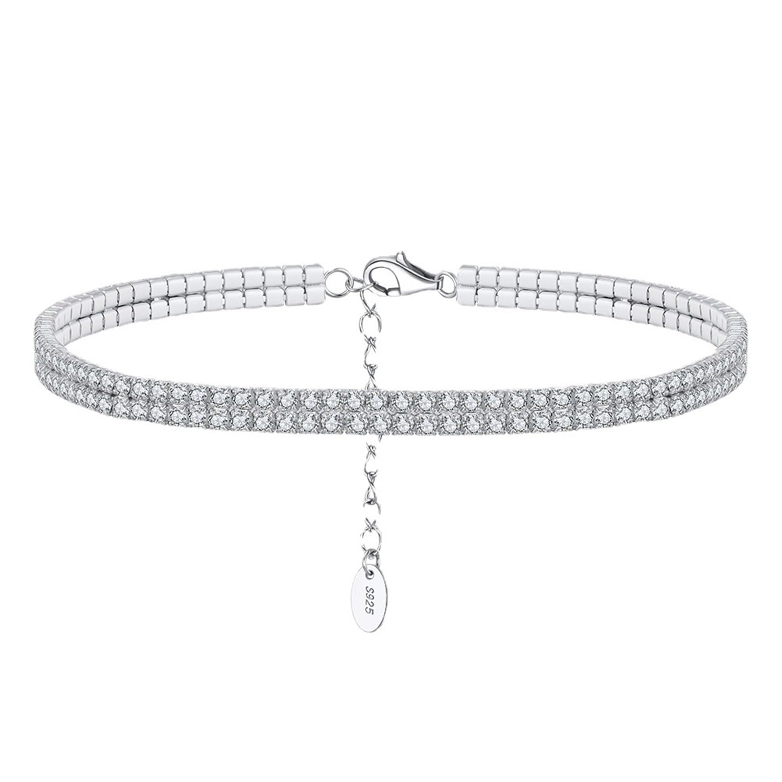 Epinki Cavigliera Donna Argento 925, Catena da Tennis a 2 Strati con Zirconi Bianco Cavigliera Regolabile 26 CM