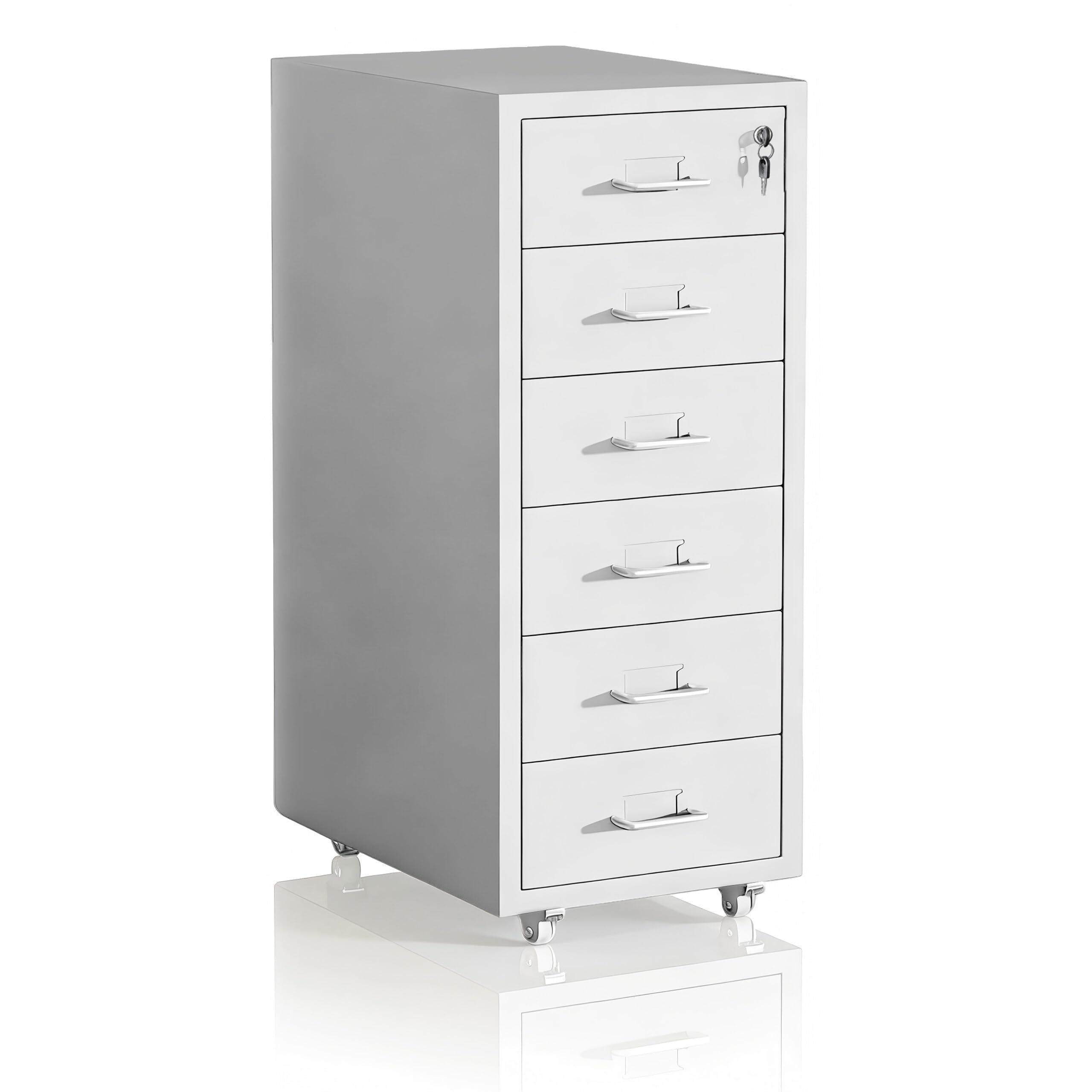 Relaxdays Rollcontainer, 6 Schubladen, HxBxT: 69 x 28 x 41 cm, abschließbar, Aktenschrank auf Rollen, Metall, weiß