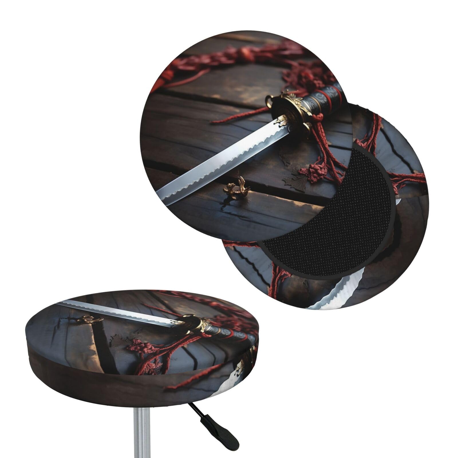 FodPand Japan Samurai Sword Bar Stool Cover Round Elastic Stool Cushion Covers Washable Bar Stool Chair Slipcover Stretch Stool Seat Covers for 12-14 Inch Chair