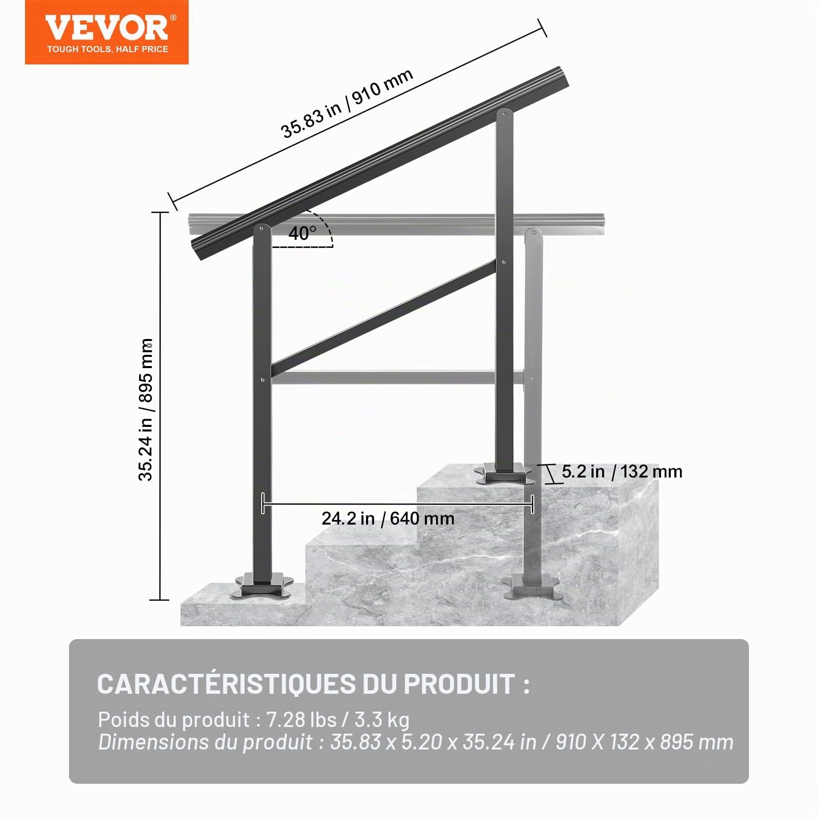 VEVOR Main Courante Escalier 91x89,5 cm Rampe Aluminium Réglable 0-30° Rambarde 2-3 Marches Garde-Corps Capacité 75 kg Épaisseur Tube 2 mm Base 13,2x13,2x0,5 cm pour Jardin Extérieur Maison Bâtiment