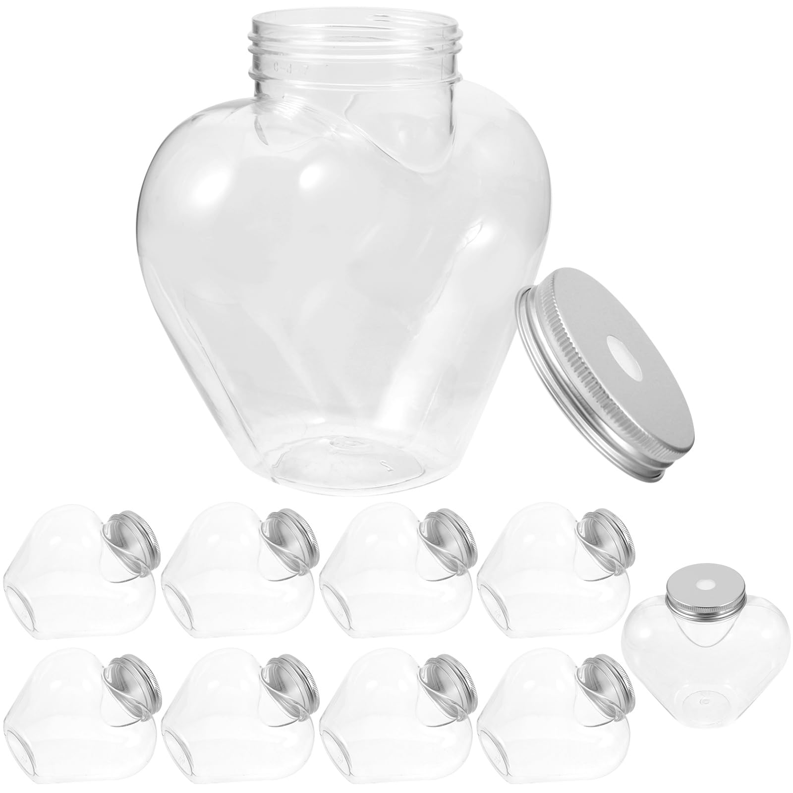 10 bottiglie di plastica per succhi di frutta con coperchio con fori di cannuccia, 500 ml, a forma di cuore, riempibili, riutilizzabili, vuote, bevande, frullati, barattoli trasparenti per caramelle,