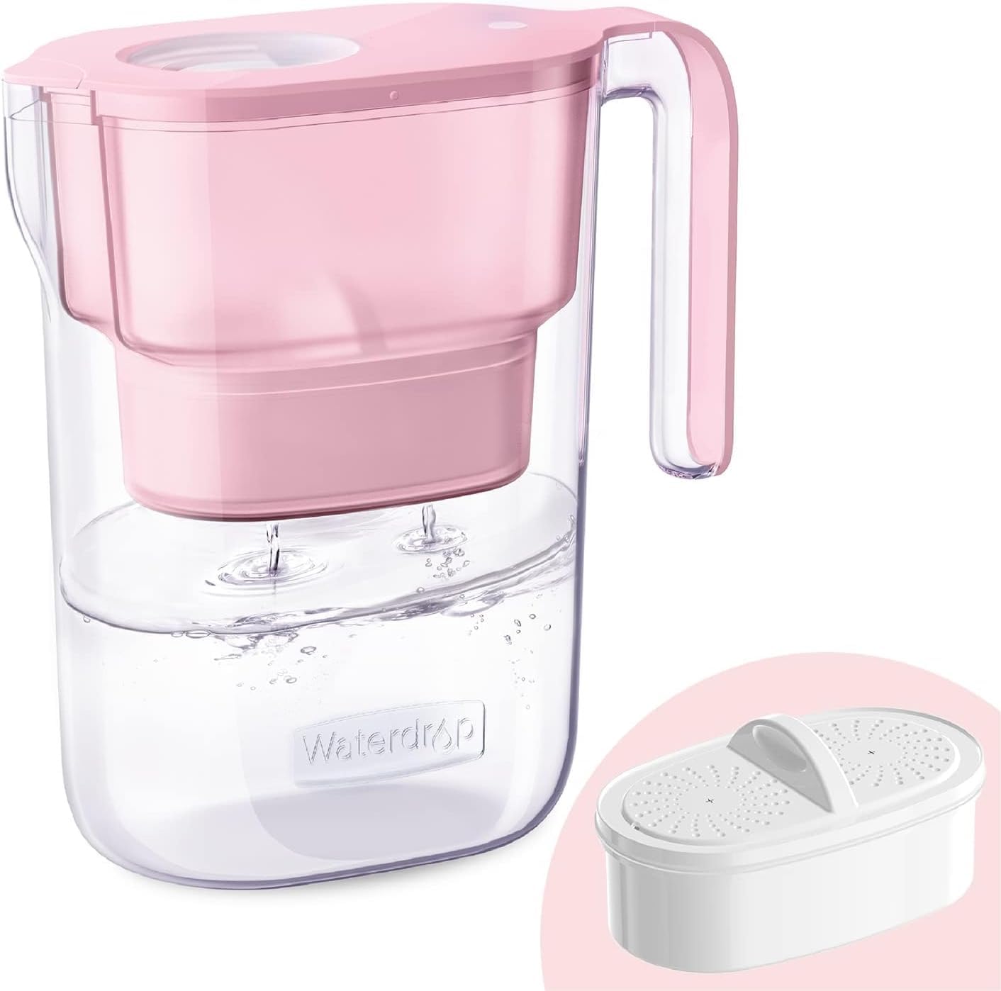 Waterdrop Elfin NSF Certificato 2.5L Caraffa Filtrante per Frigorifero con 1×90 Giorni Filtro, Riduce Piombo, Fluoro, Cloro e Altro, Senza BPA, Rosa (Filtro di Ricambio: WD-PF-01A Plus)