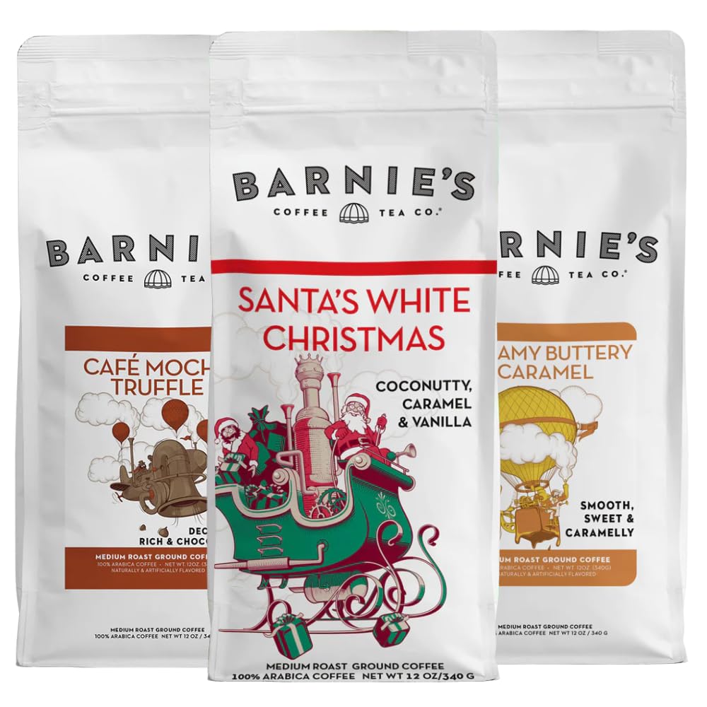 Barnie's Premium Flavor Coffee Trio with Santa's White Christmas, Creamy Buttery Caramel and Cafe Mocha Truffle, Medium Roasted Arabica Beans, 12 oz Bag (Pack of 3)
