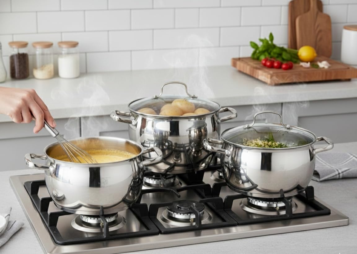 Batería de Cocina 4 Piezas, OTA Acero Inoxidable Tapas de Cristal, juego de ollas Compatible con Inducción, Apto para Horno y Lavavajillas,