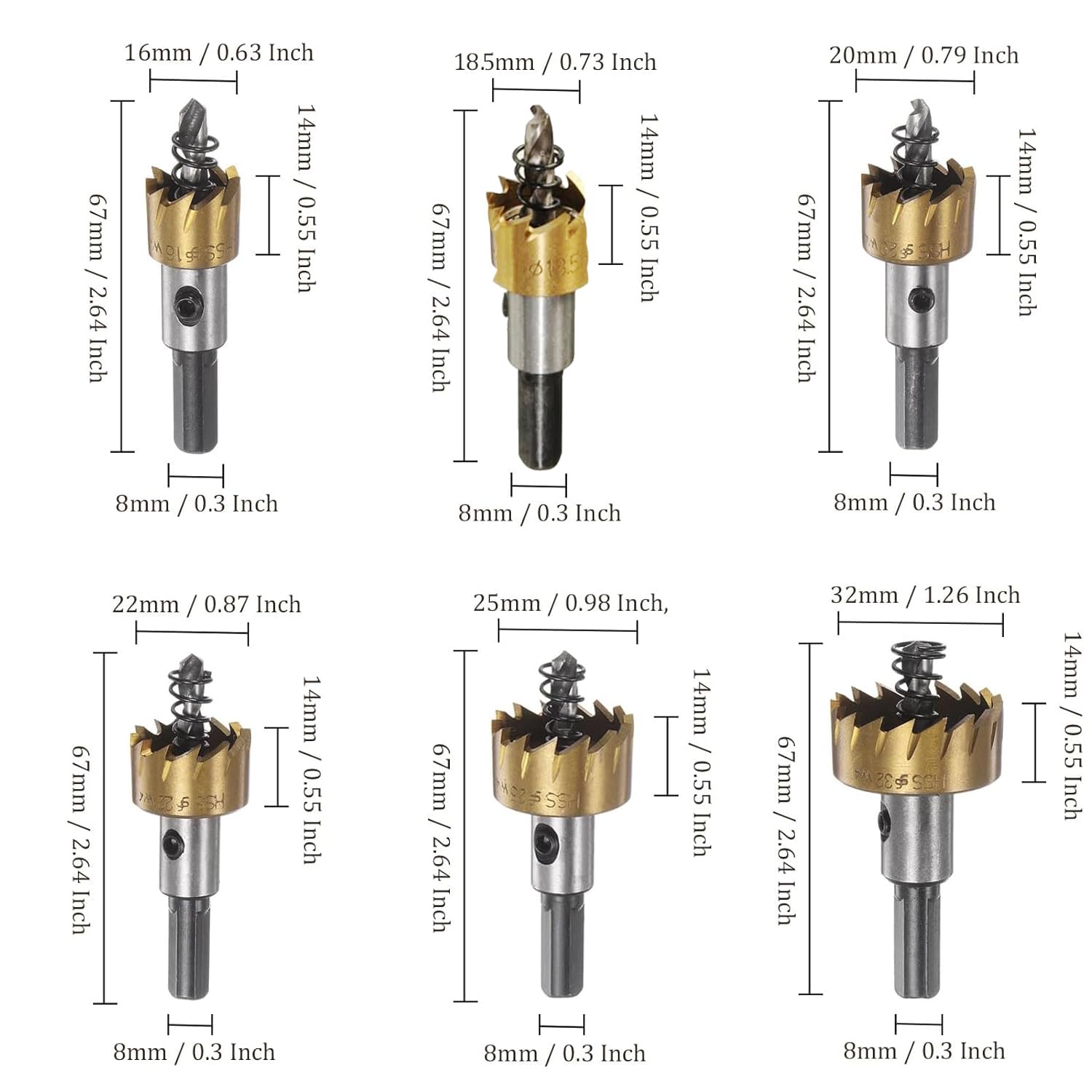 Gasea 6Pcs HSS Drill Bit Hole Saw Cutter Set Stainless High Speed Steel Metal Alloy Hole Cutter Tool 16/18.5/20/25/30/32mm - Image 2