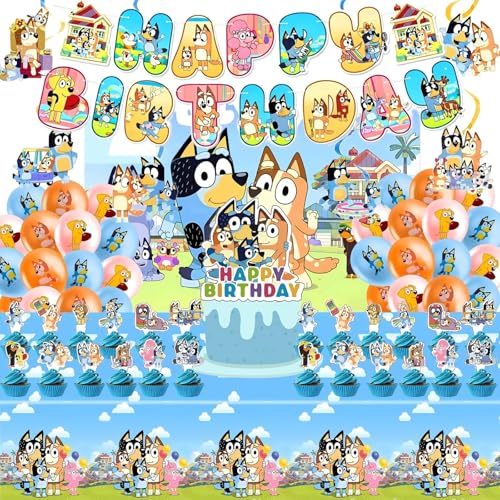 For Bluey Party Supplies 50 PCS Birthday Decorations Set Include Banner Balloons Hanging Swirls Cake Cupcake Toppers Tablecloth for Boys Girls Hunters Theme Party