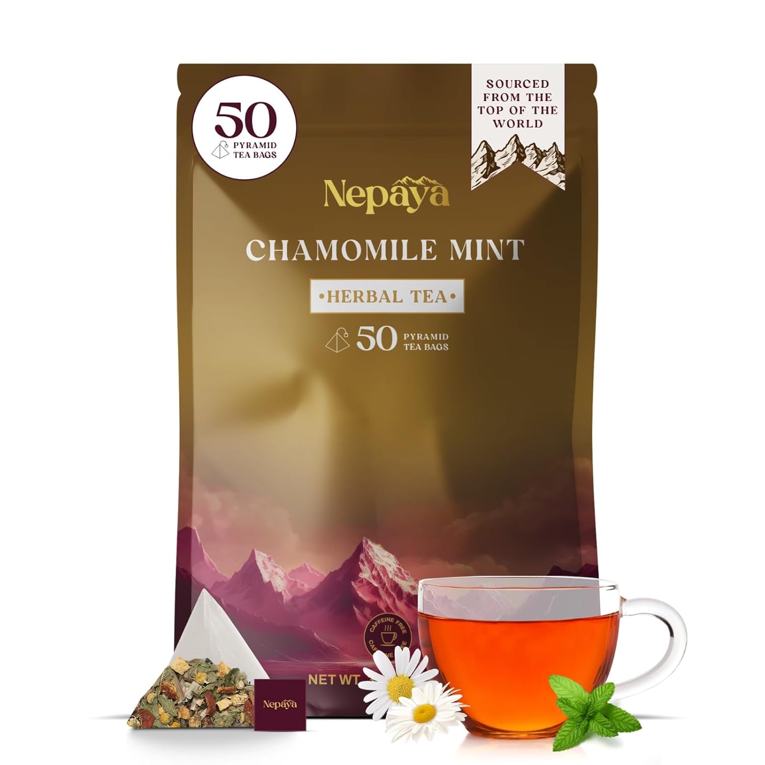 Chamomile Mint Herbal Tea Bags, Relaxing Bedtime Blend with Lemongrass, Peppermint, 50 Biodegradable Pyramid Tea Bags, Fennel & Peppermint, Caffeine-Free, Hot or Ice Tea, 50 Biodegradable Tea Bag