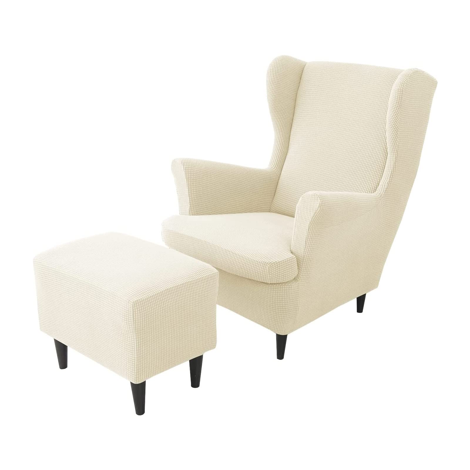 Housse de fauteuil à oreilles extensible et infroissable avec pouf assorti