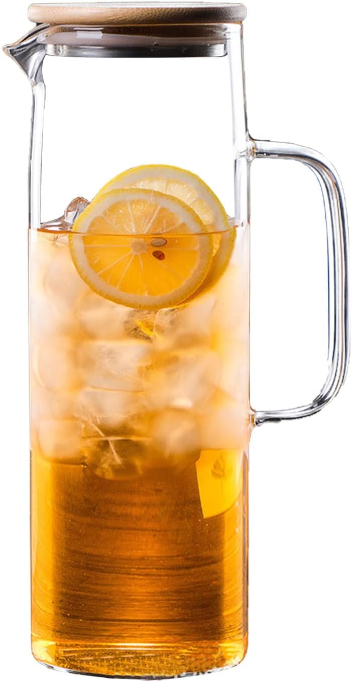 TAPIT Glass Carafes Glasses Water Jug Container Water Pitcher With Bamboo Lids 1000ml/1500ml (1500ml) - with Handle