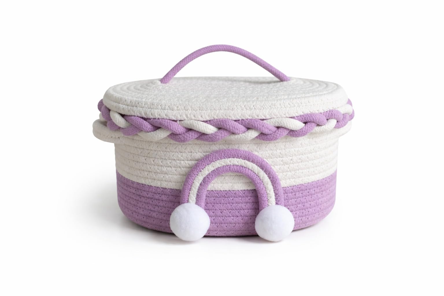 Handmade Cotton Rope Storage Basket with Lid & Rainbow Design for Kids | Decorative Organizer Bin for Cosmetics & Gifts | Soft Woven Multipurpose Basket (Lavender Purple & White Multicolor)-image-9