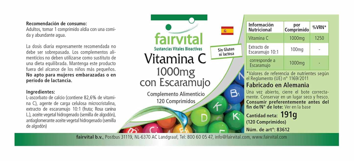 fairvital Vitamina C 1000 mg, 500 compresse, ad alto dosaggio e con rosa canina, VEGANA, facile da deglutire e delicata sullo stomaco, CONFEZIONE GRANDE