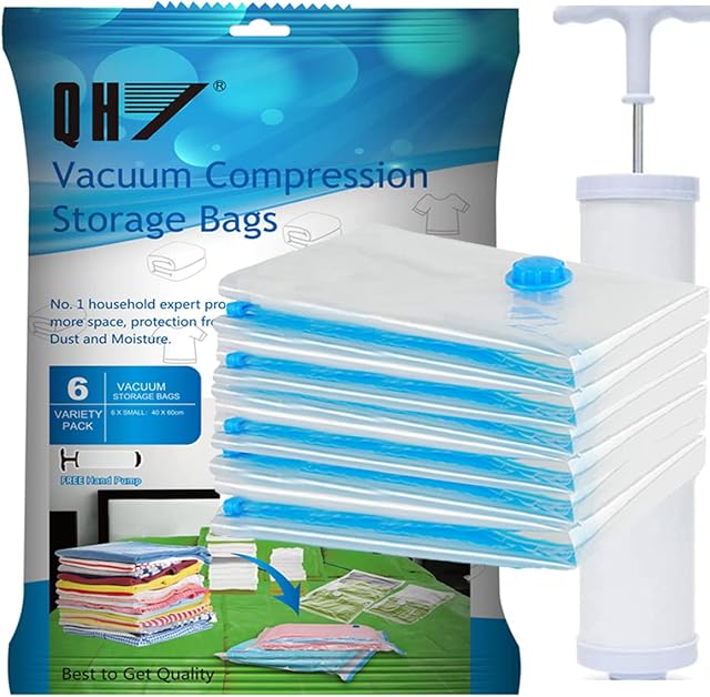 QH Premium Vacuum Storage Bags. 80% More Storage!Vacuum bags clothes Hand-Pump for Travel! Double-Zip Seal and Triple Seal Turbo-Valve for Max Space Saving 6PCS(60x40cm)