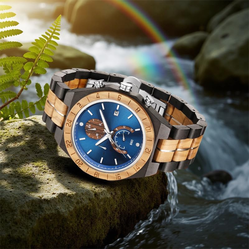 Miniatura 6 de WASTIME Reloj de madera para hombres y mujeres, elegante cronógrafo, militar, casual, calendario, relojes de madera
