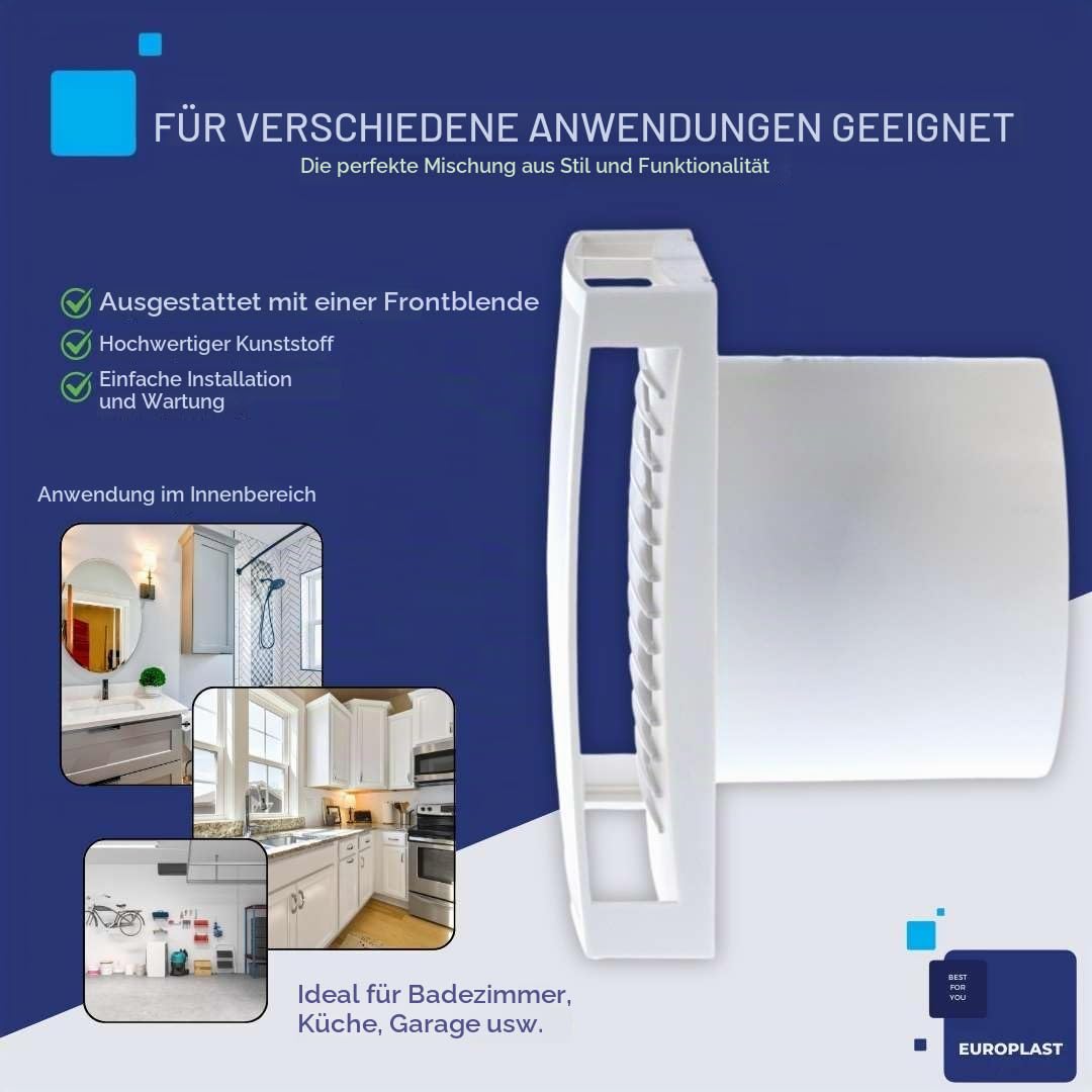 EUROPLAST Ø 100mm Bad-Lüfter mit Feuchtesensor und Timer - mit Weiß Front, Leise Ventilator