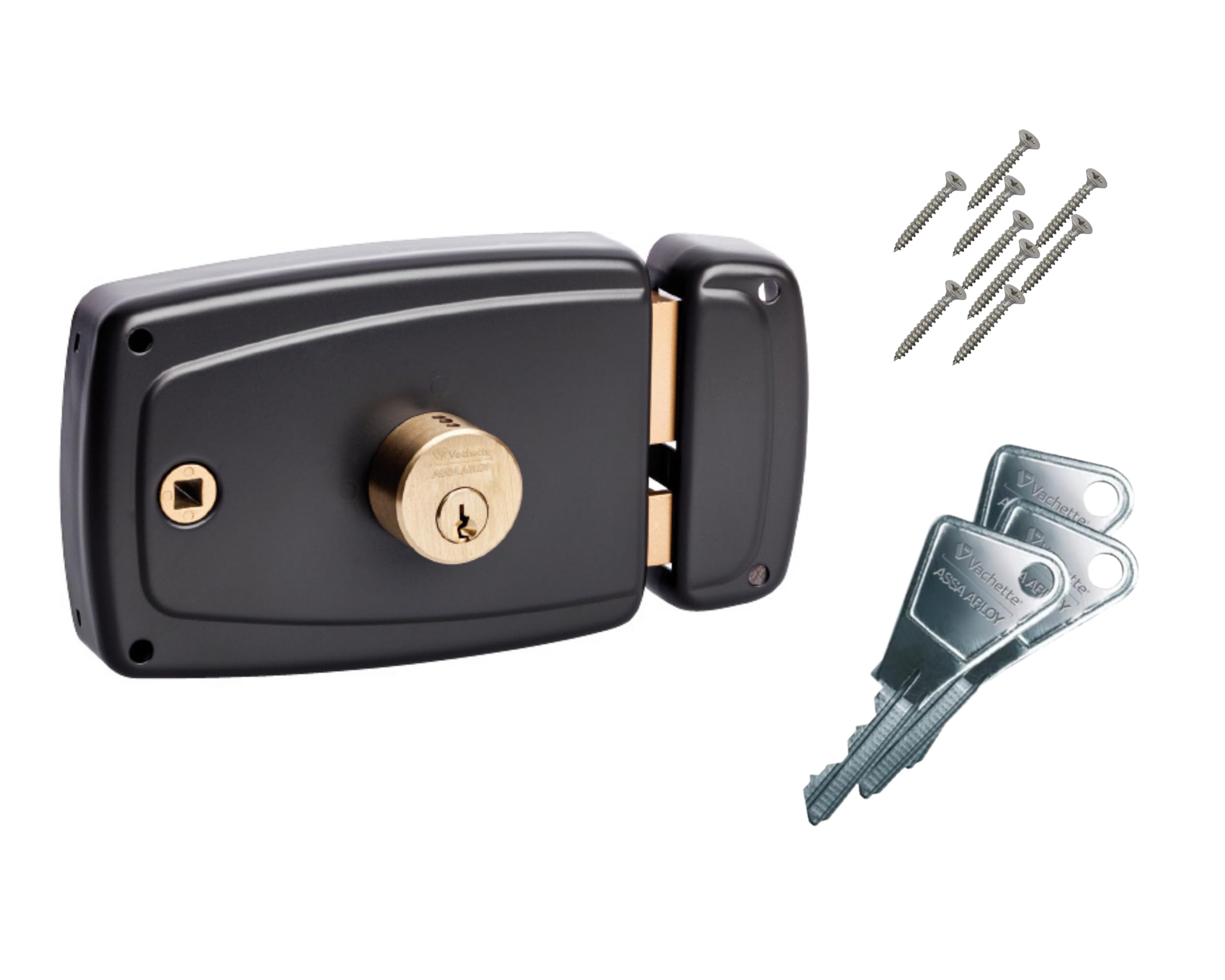 Vachette Serrure en applique horizontale à fouillot Droite, Série PS, pour Porte d'Entrée - 674BQ60/SC D - Sûreté à cylindre 5 goupilles, Axe à 60 mm, Utilisation avec poignée carré 6mm, 3 Clés, Gris