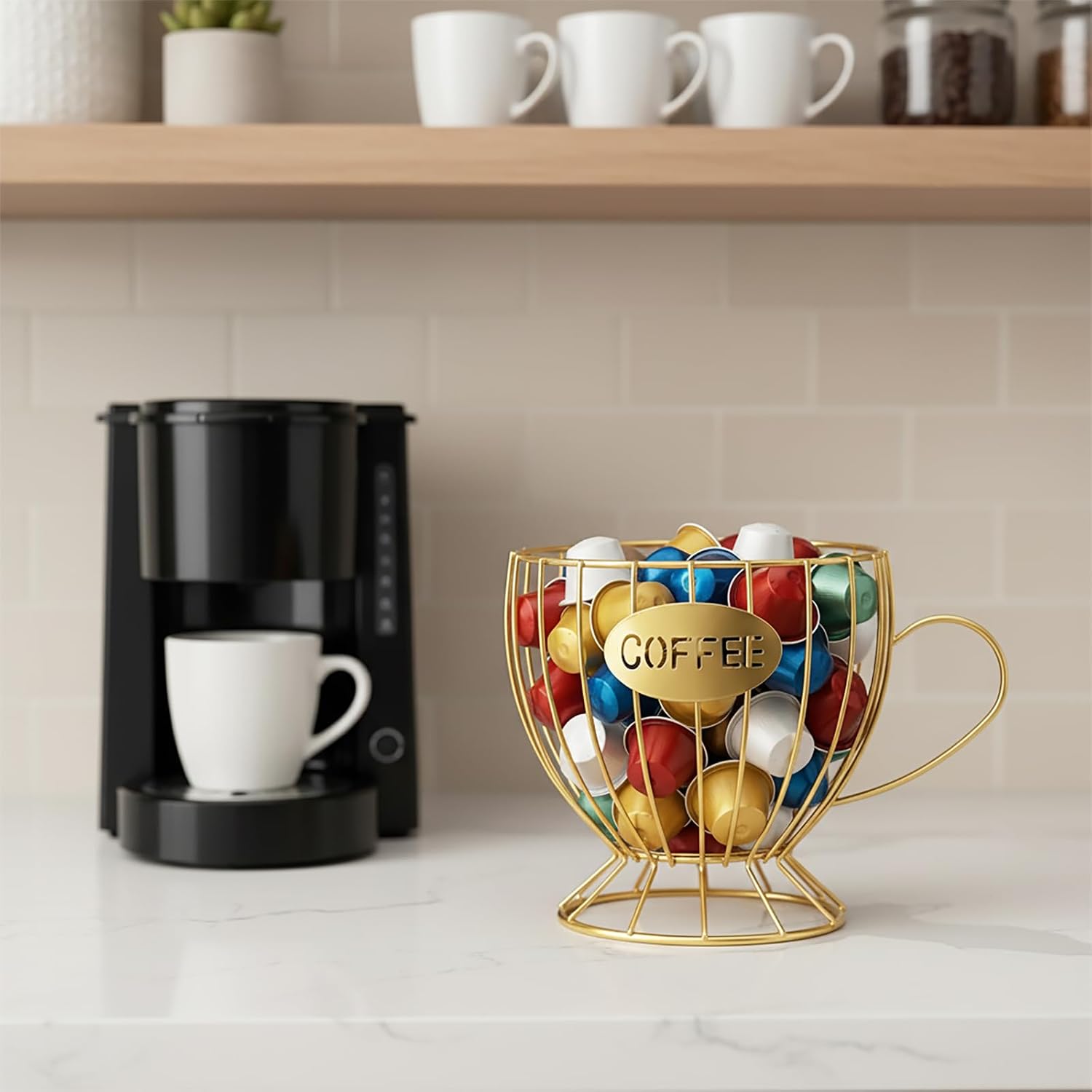 Metal Coffee Pod Holder, Large Capacity Capsule Storage Basket for Countertop, Creative Espresso Organizer in Unique Mug Shape, Coffee Bar Accessories for Home & Office(Gold Cup)