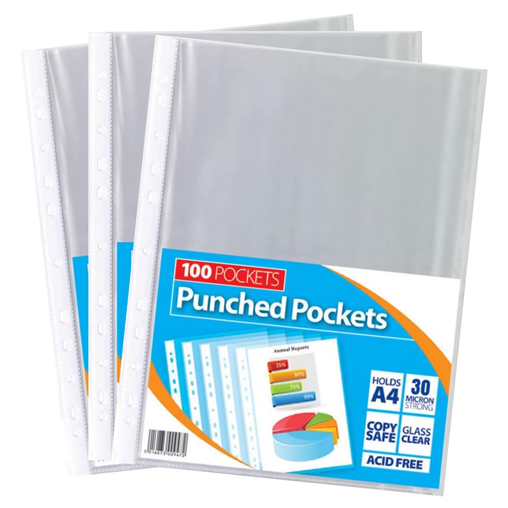 1ABOVE 30 Micron 300Pack A4 Glass Clear Plastic Wallets Punched Poly Pocket Paper Document Files (3)
