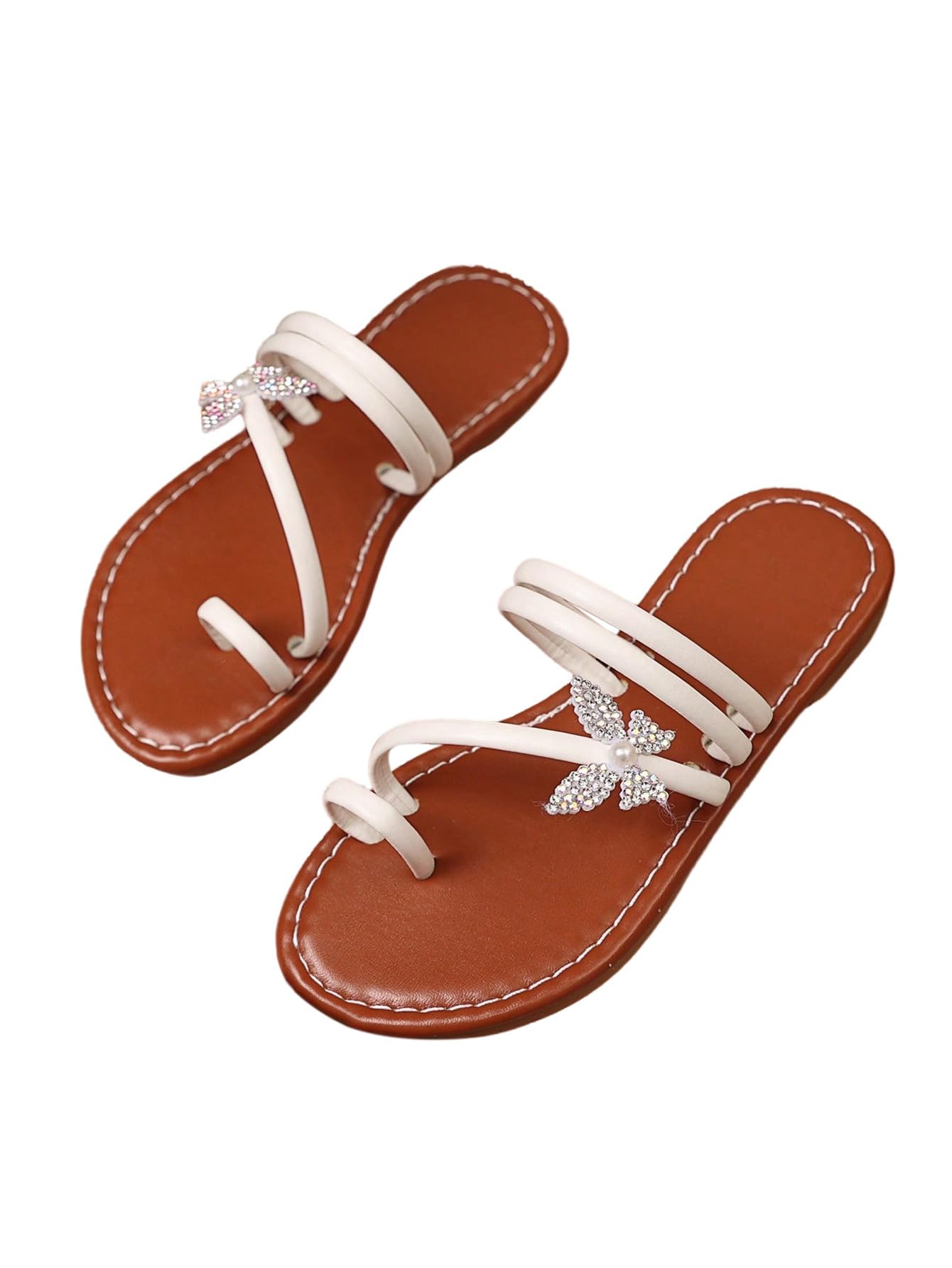 GORGLITTER Girl's Strappy Leather Flats Sandal Cute Braided Dressy Toe Ring Slip on Slide Sandals