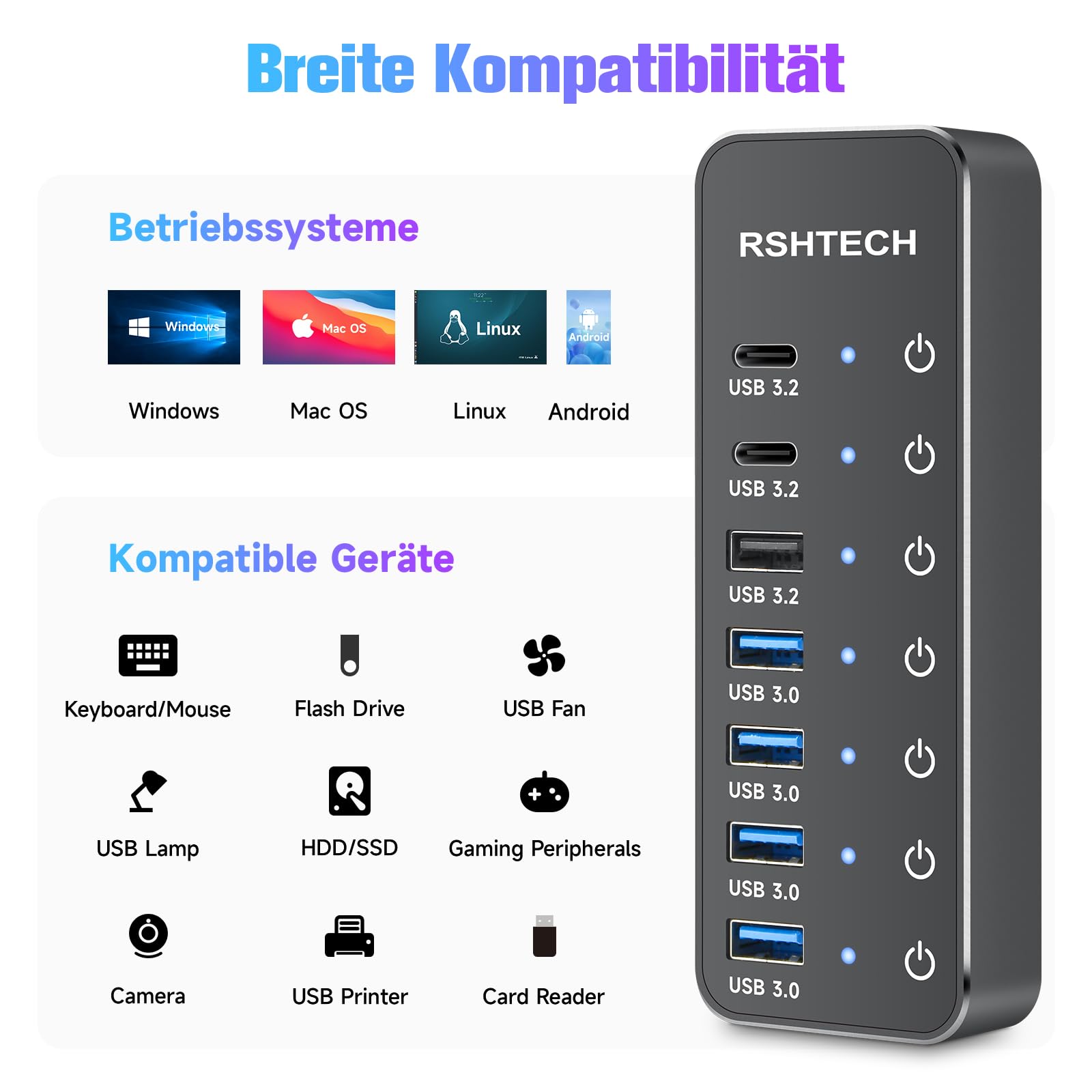 Hub USB Alimenté, RSHTECH Hub USB 3.2/USB C à 7 Ports avec 3*10Gbps Data Port (USB-A, 2*USB-C), 4*5Gbps USB 3.0 Ports, Touch Switch, 2-in-1 Data Cable (100cm), Adaptateur Alimentation 5V, RSH-ST07C