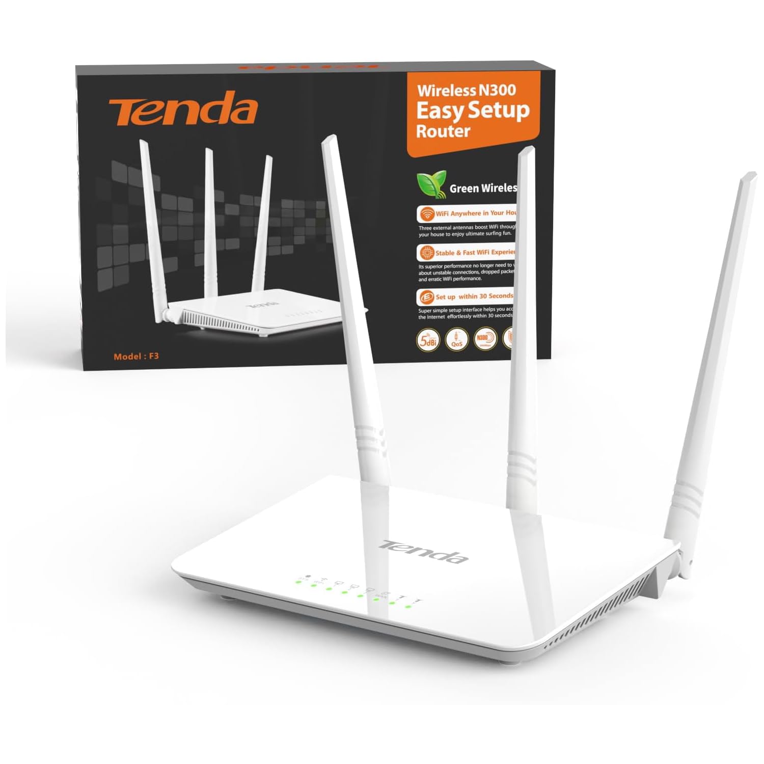 Tenda N300 Wireless Wi-Fi Router with High Power 5dBi Antennas (F3), White