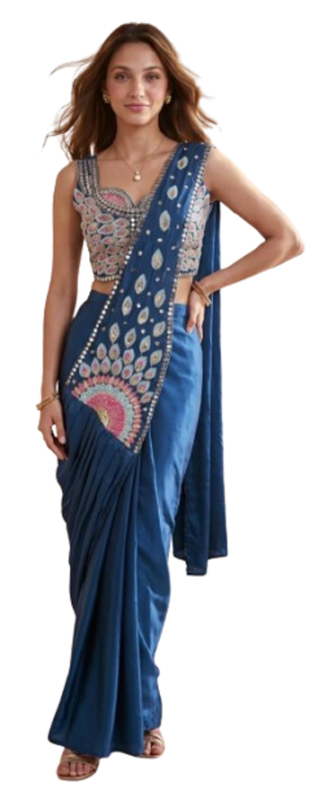 Saree For Womens And Girls Ready To Wear Embroidey Sequins Work Saree For Wedding party style koti blouse Blue colour-image-8