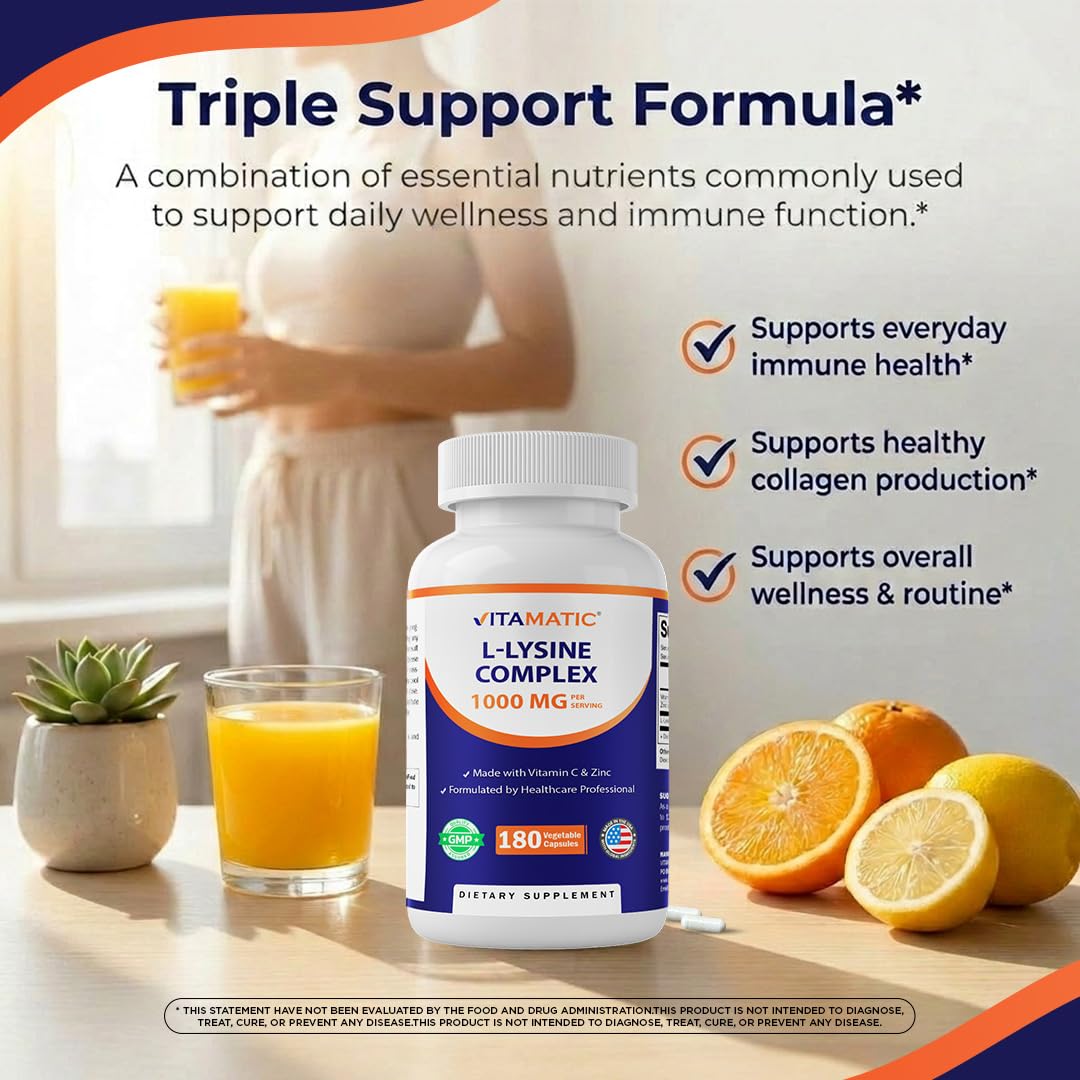 Vitamatic L-Lysine Complex 1000 mg with Vitamin C & Zinc – Immune Support, Cold & Skin Health – 180 Vegetable Capsules – Non-GMO, Gluten Free – Made in USA — Amazon image 3