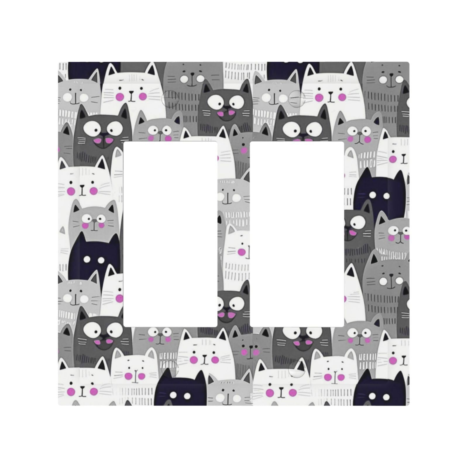 Ihsourgnitnem Decorative Outlet Covers Cartoon Cute Grey Cats Face Pet Funny 2 Gang Double Gfci Rocker Electrical Wall Panels Light Switch Cover Plate For Kids Room Nursery Decor