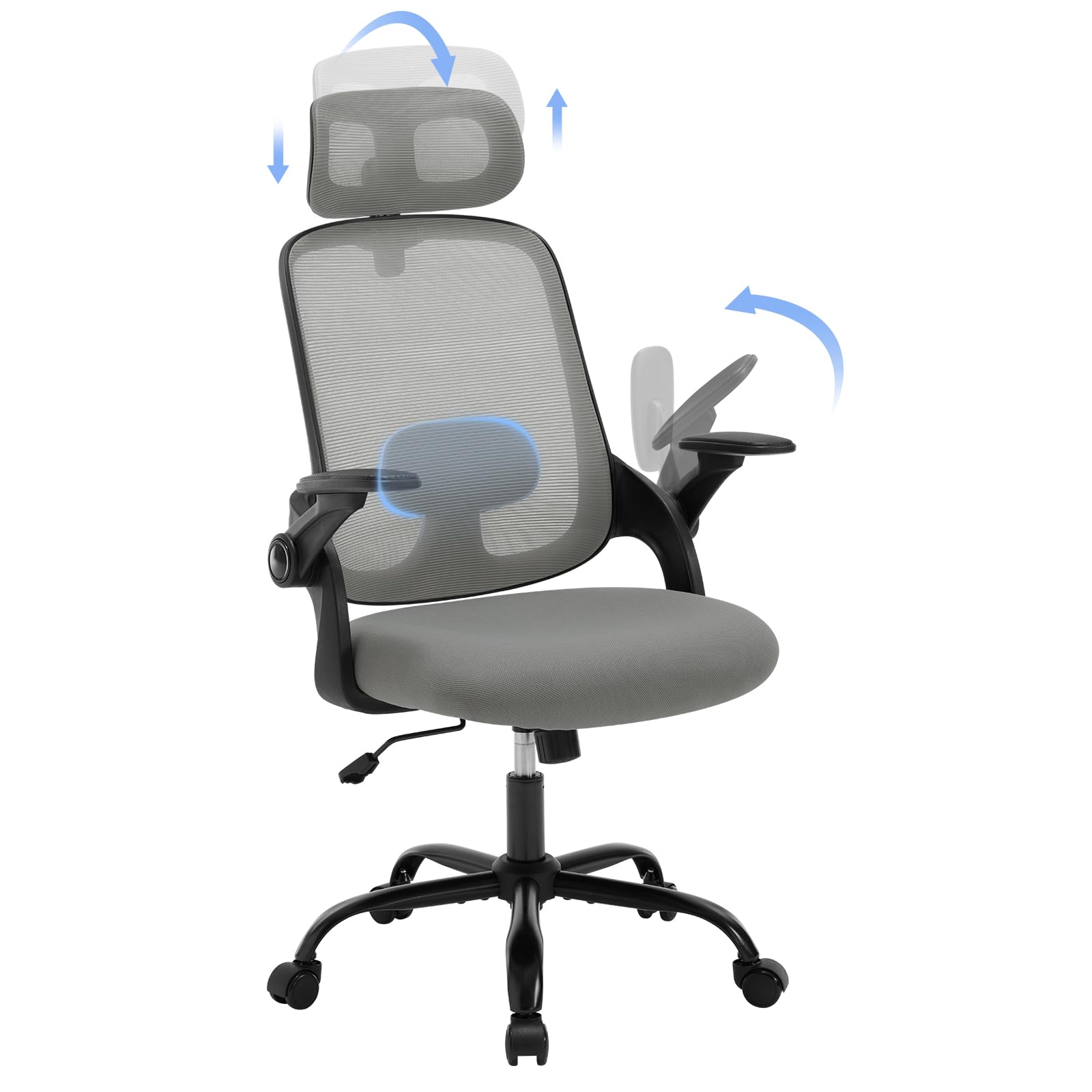 WOLTU Silla Oficina Ergonómica, Silla Escritorio con Respaldo Reclinable, Soporte Lumbar y Reposabrazos Ajustables, Silla Trabajo Giratoria en Malla Transpirable, Gris, BS171gr