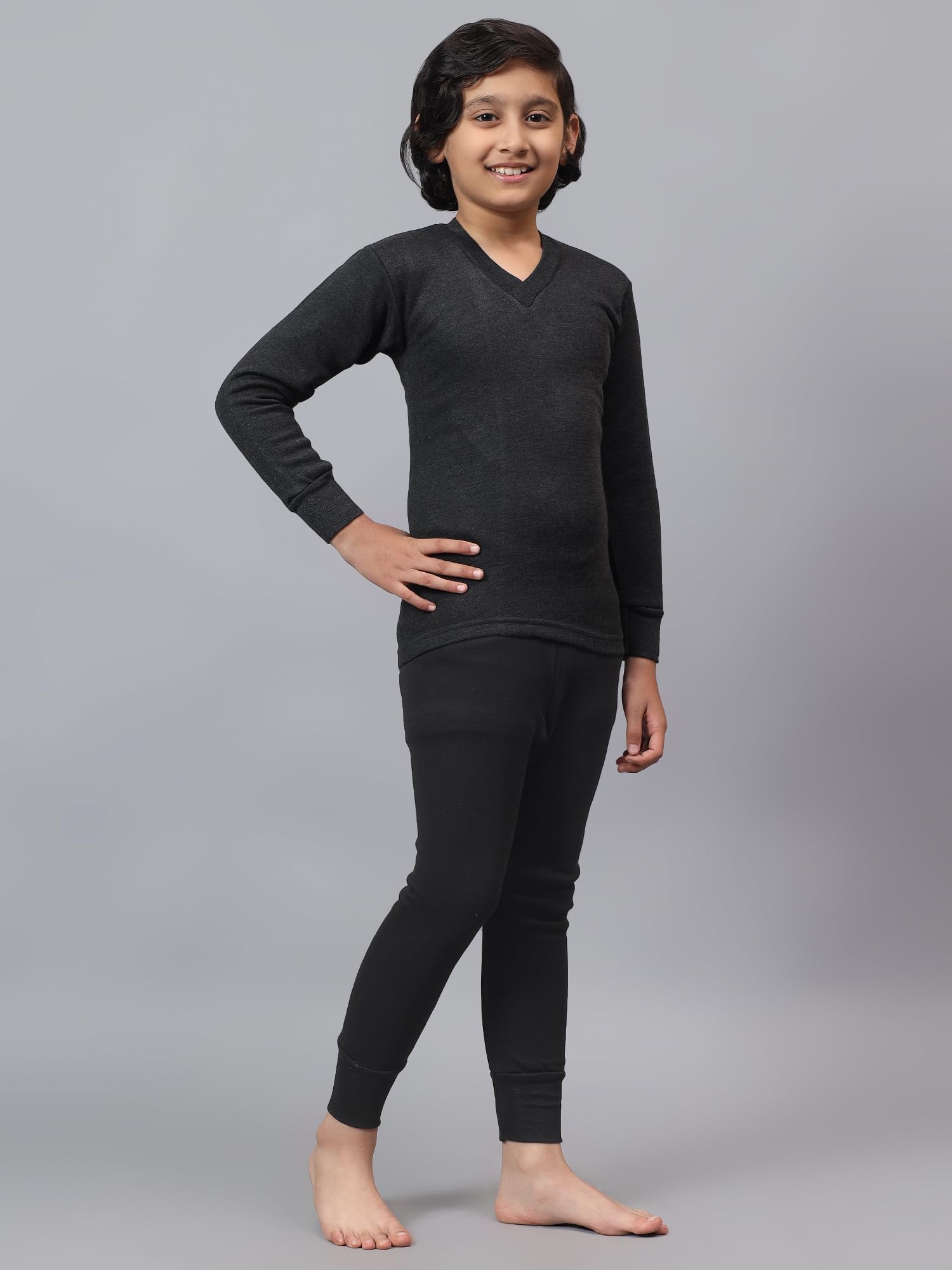 FUNKOOL Boys & Girls Hotpot Thunder|Slim Fit| Cotton Fleece |Full Sleeves|V-Neck|Trendy Winter Wear|Top with Inner Elastic Payjama Thermal Set -Anthra 1