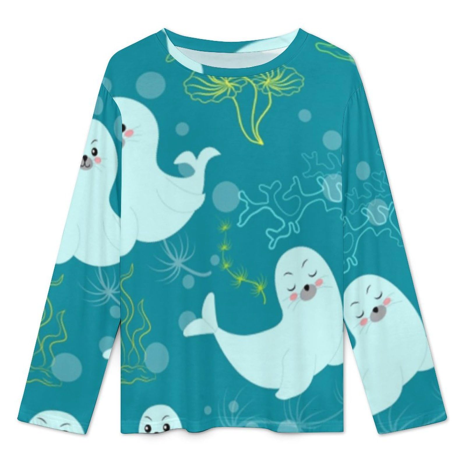 Damen-Pyjama-Set mit Rundhalsausschnitt, niedlicher Robbe-Pyjama, Damen-Pyjama mit Taschen