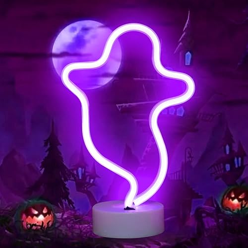 Miniatura 9 de Letreros de neón de fantasma, decoraciones de Halloween, letreros LED con forma espeluznante, luces de noche de neón para gótico, hogar, fiesta de