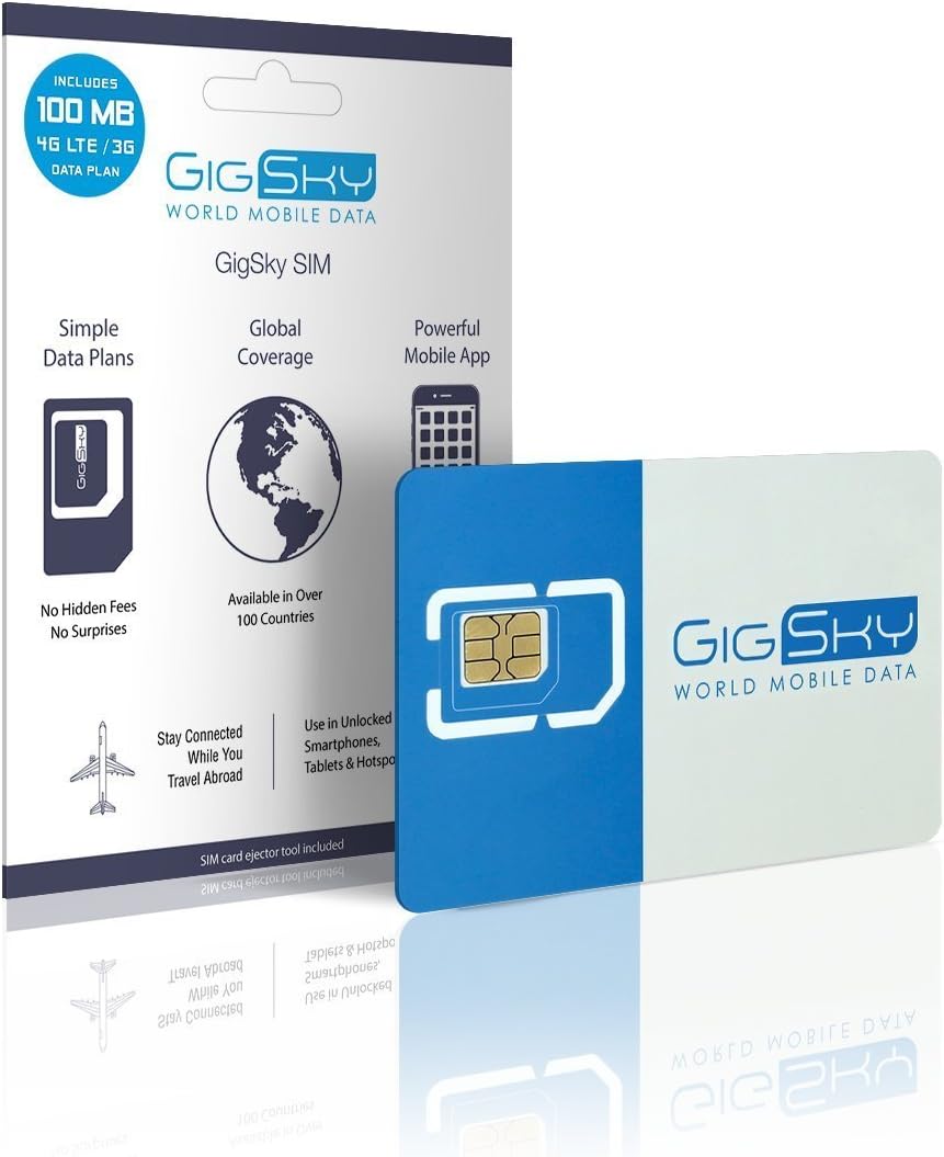 SIM Card with 4G LTE/3G 100MB Mobile Data Plan for International Travel Using Unlocked iPhone, iPad, Android Phones and Tablets